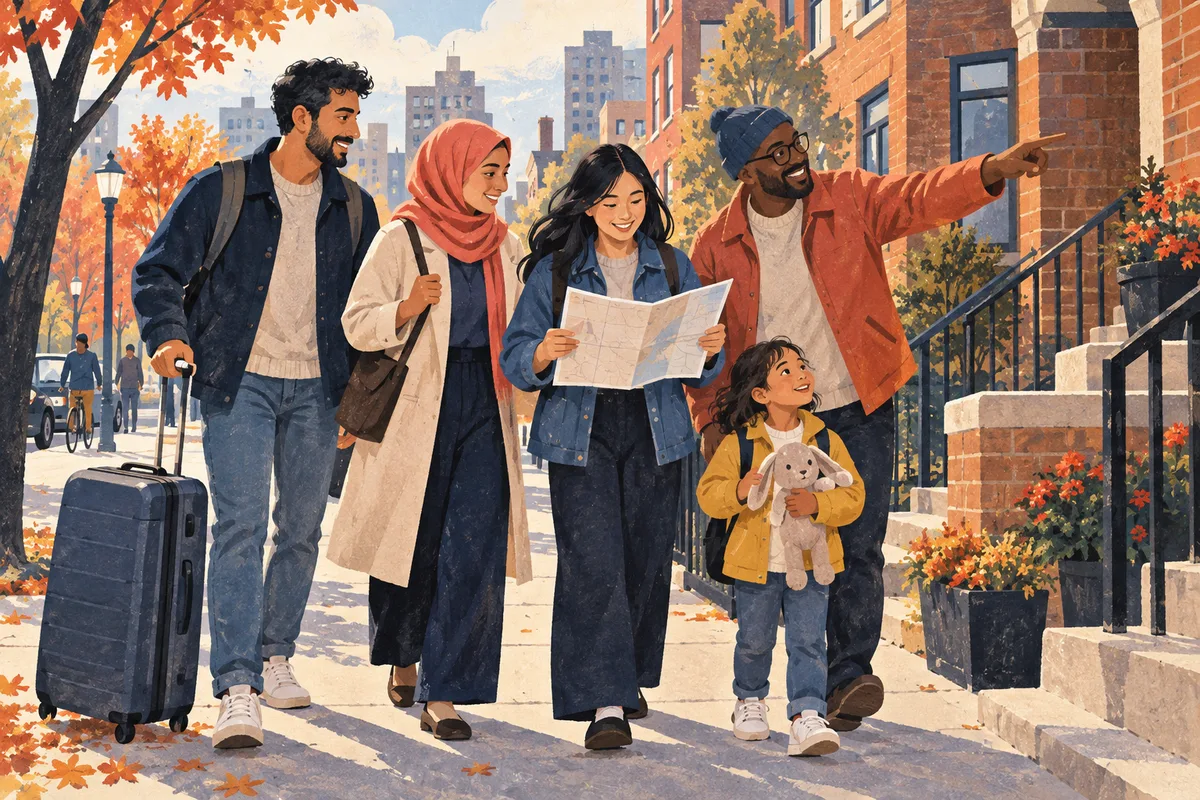 Illustration of newcomers finding their way together in a Canadian neighbourhood